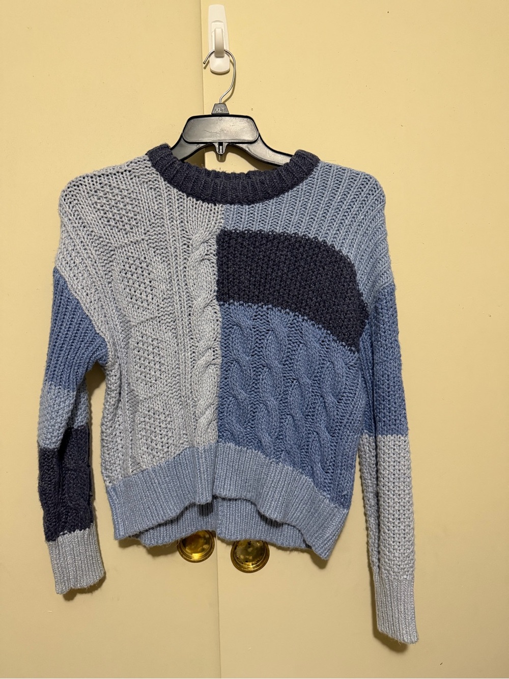 aerie Blue Patchwork Cable-Knit Crewneck Sweater